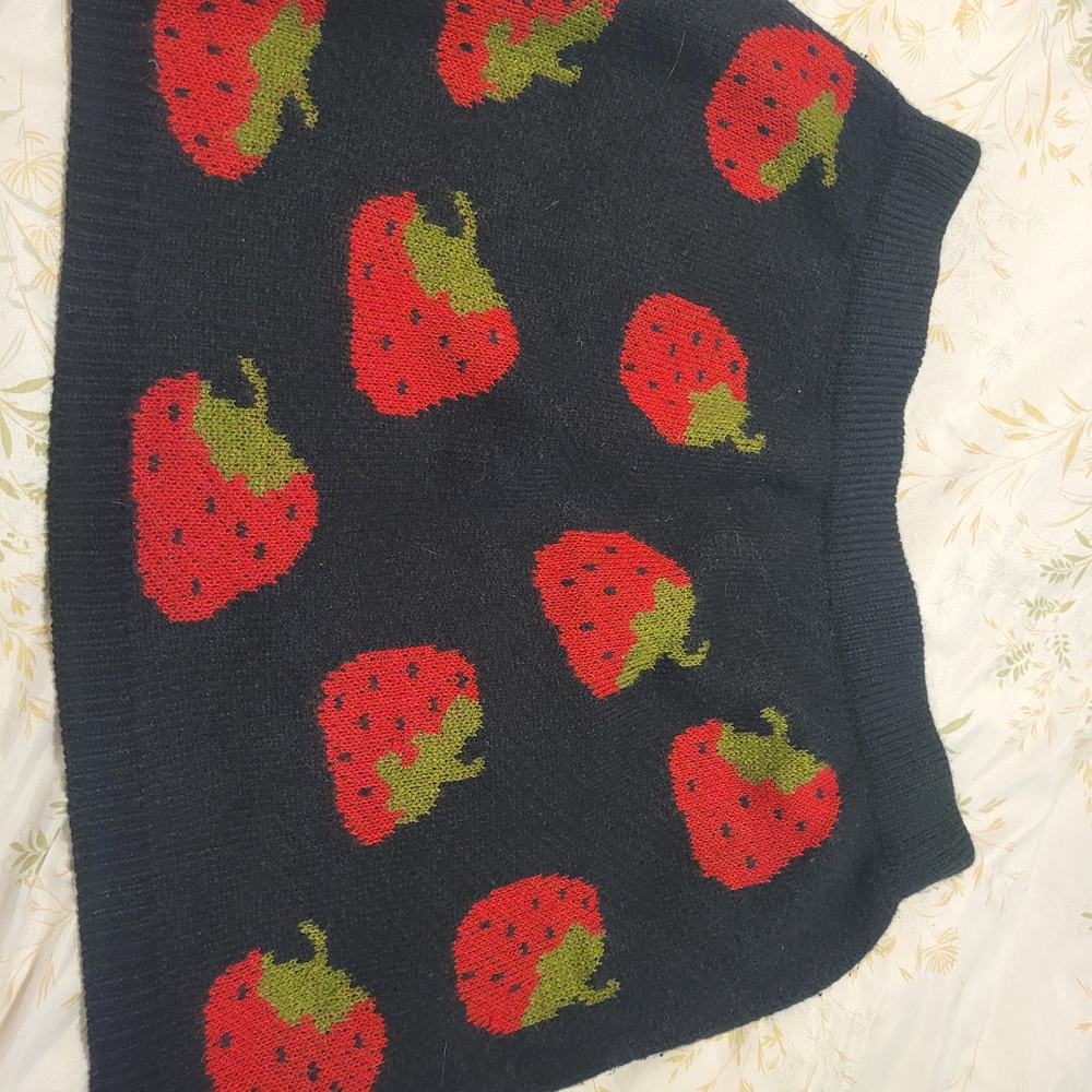 SHEIN Red, Green & Black Knit Skirt with Strawberry Motif